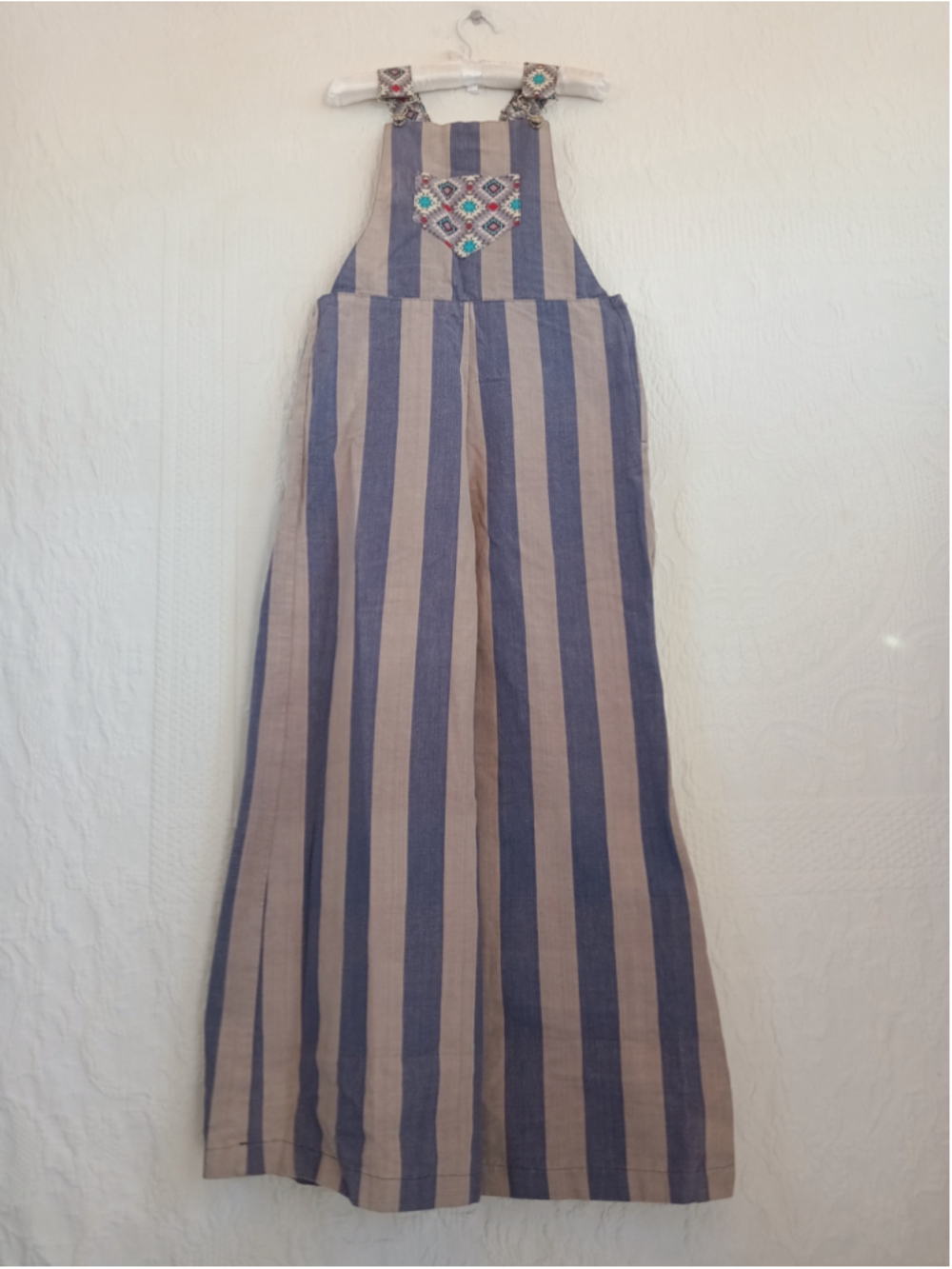 Artsy Western Overalls Slate Blue Beige Stripes Super Wide Leg Boho Trousers MED - Picture 12 of 12